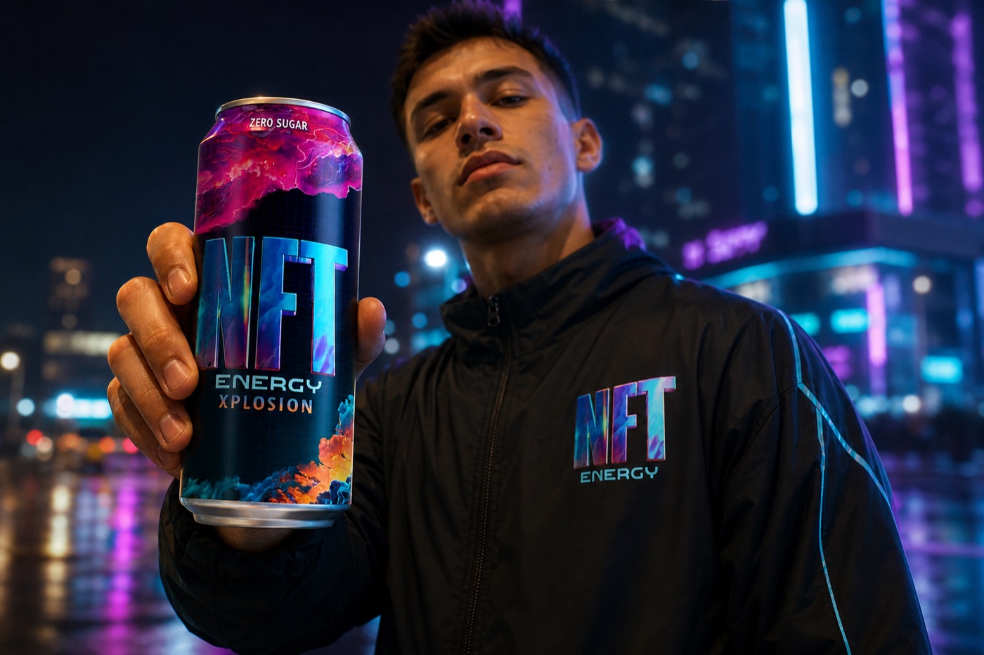 NFT Energy Xplosion can in a sleek urban setting, chrome cyan and violet light