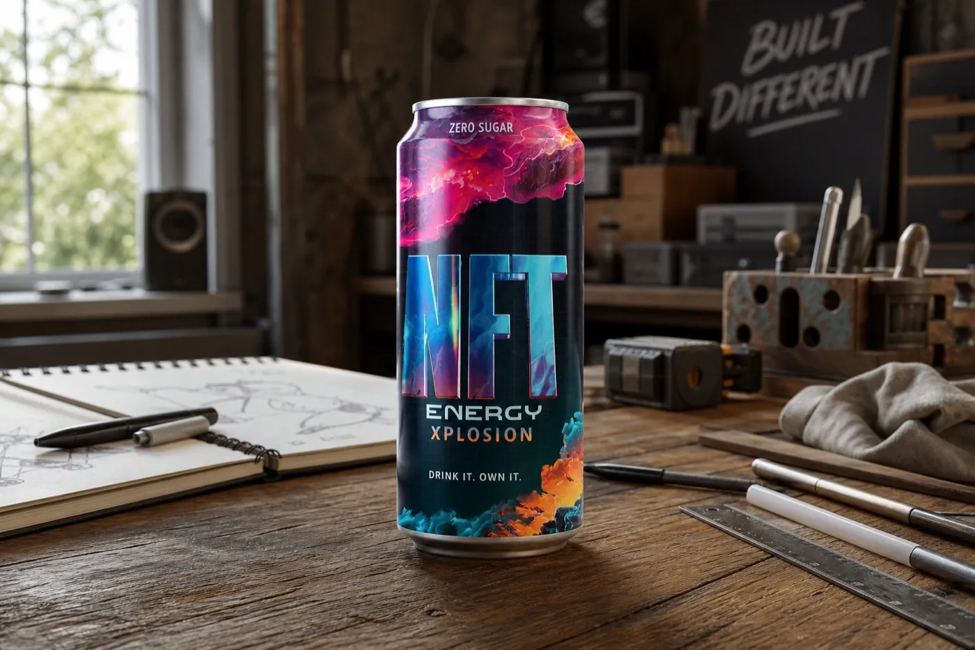 NFT Energy Xplosion can on a maker's workbench, 'Built Different' chalkboard behind it