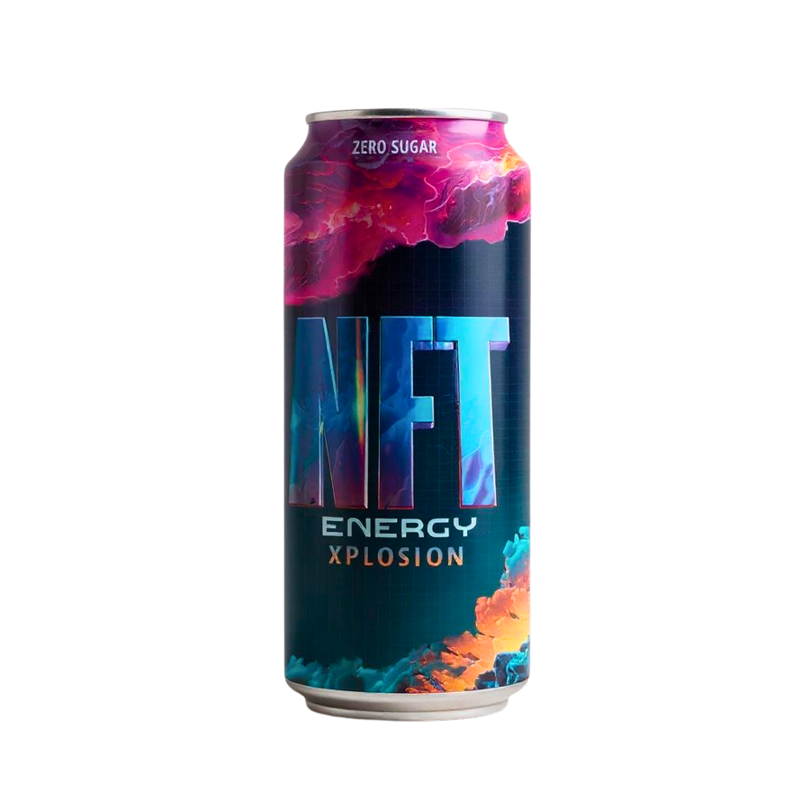 NFT Energy Xplosion can, chrome NFT lettering over nebula artwork