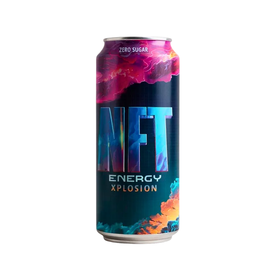 NFT Energy Xplosion can, chrome NFT lettering over nebula artwork