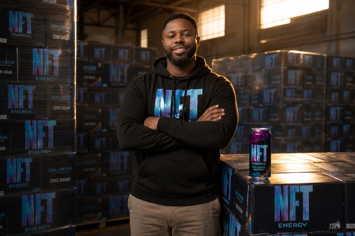A founder in the warehouse, arms crossed, cases of NFT Energy stacked behind him
