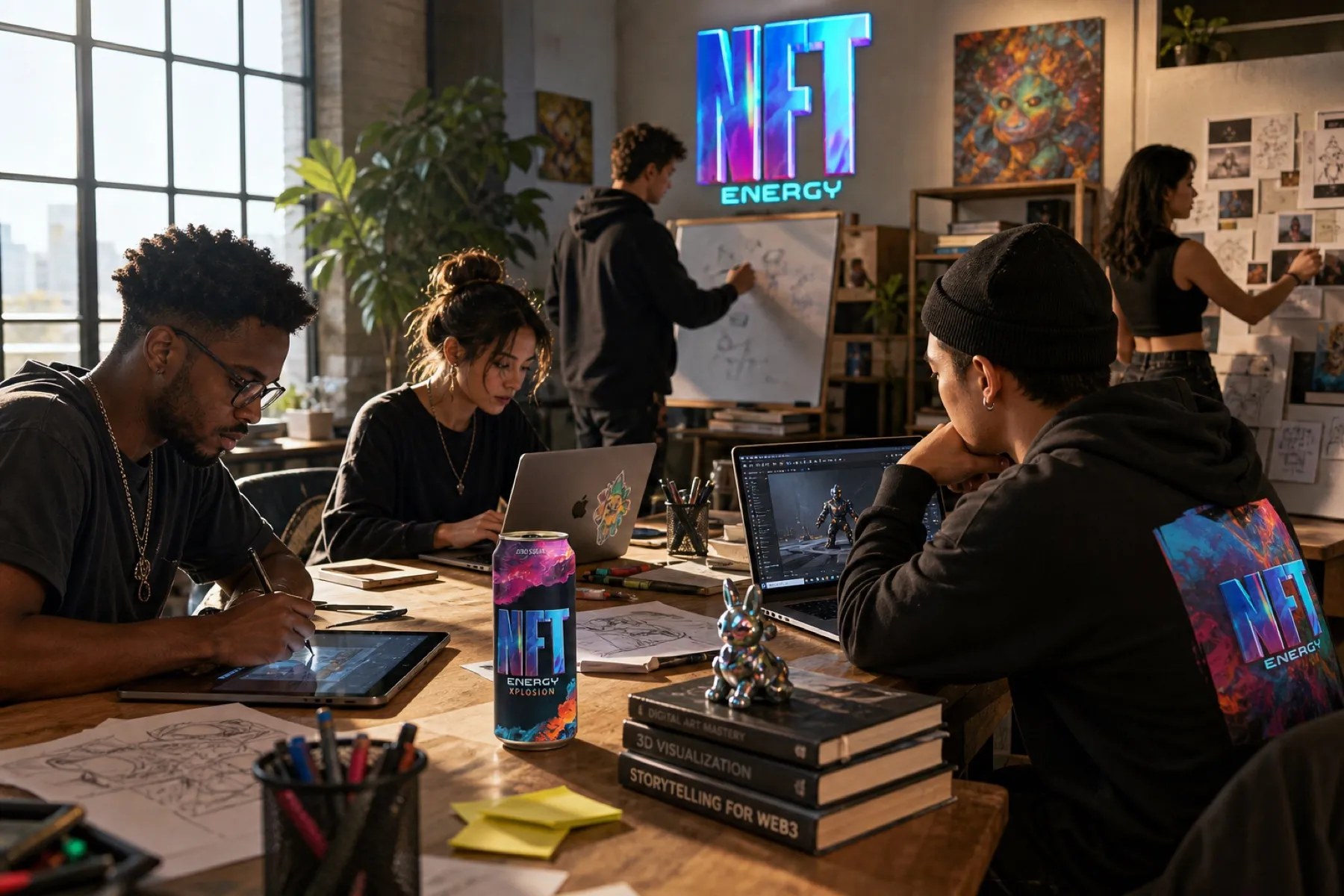 A crew of creators grinding in a sunlit studio, sketching, designing, and building with NFT Energy on the table