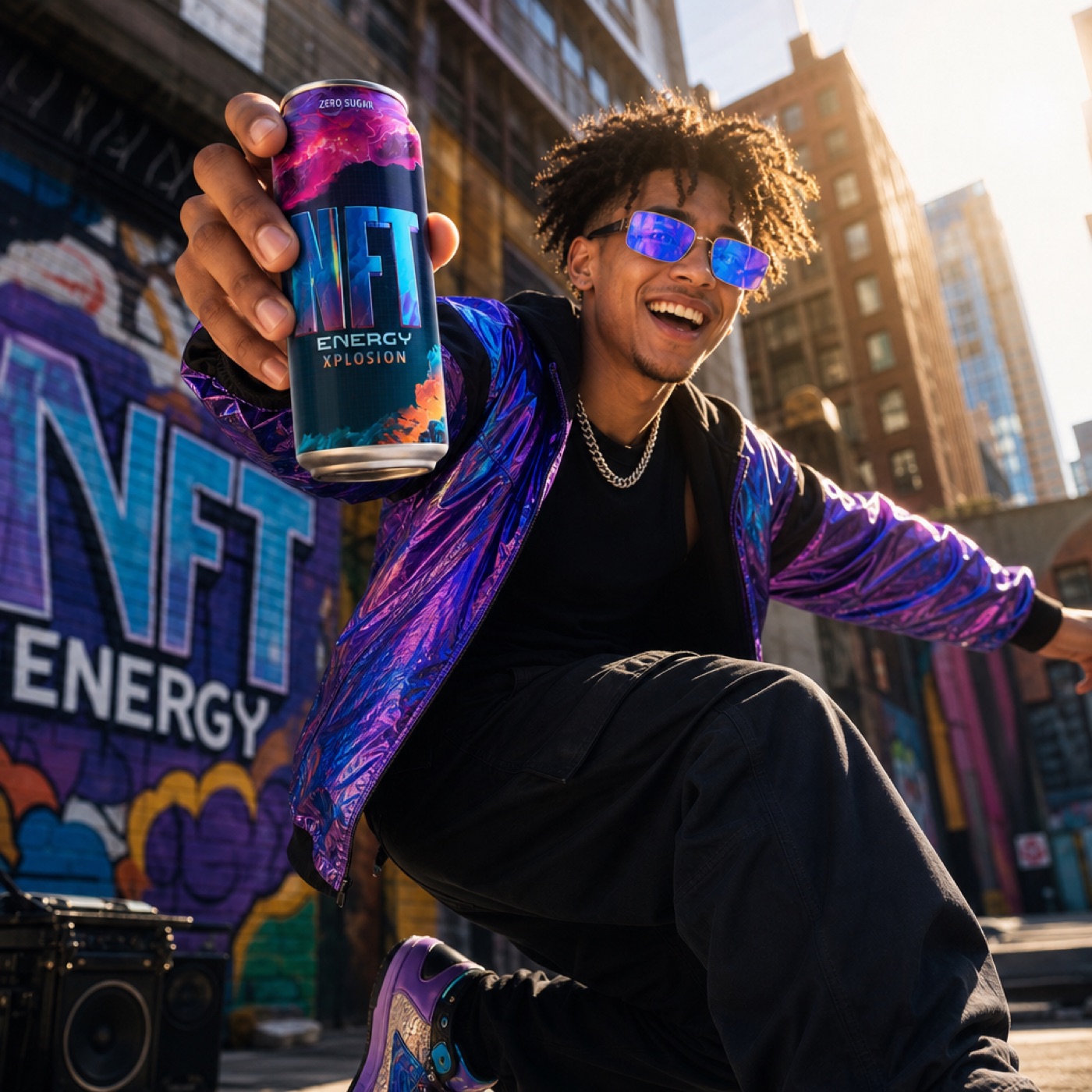 Holding up an NFT Energy can in the street. Every can will hold more than energy.