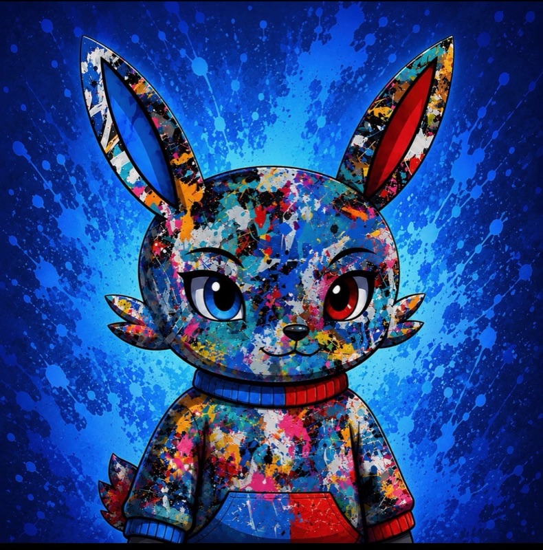 Energy Wabbit #1713, a custom 1-of-1 with a painted blue splash background
