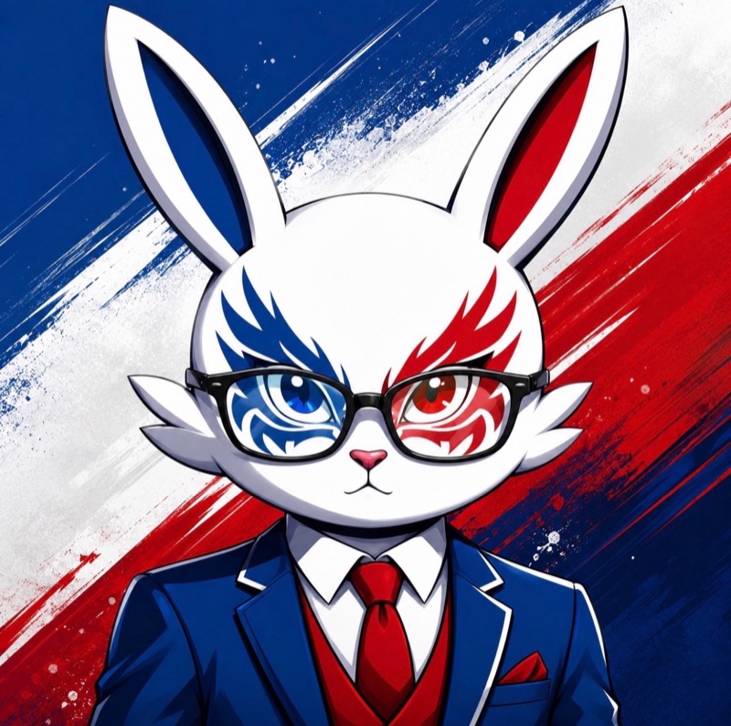 Energy Wabbit #650, a custom 1-of-1 with a hand-painted red, white, and blue splash background