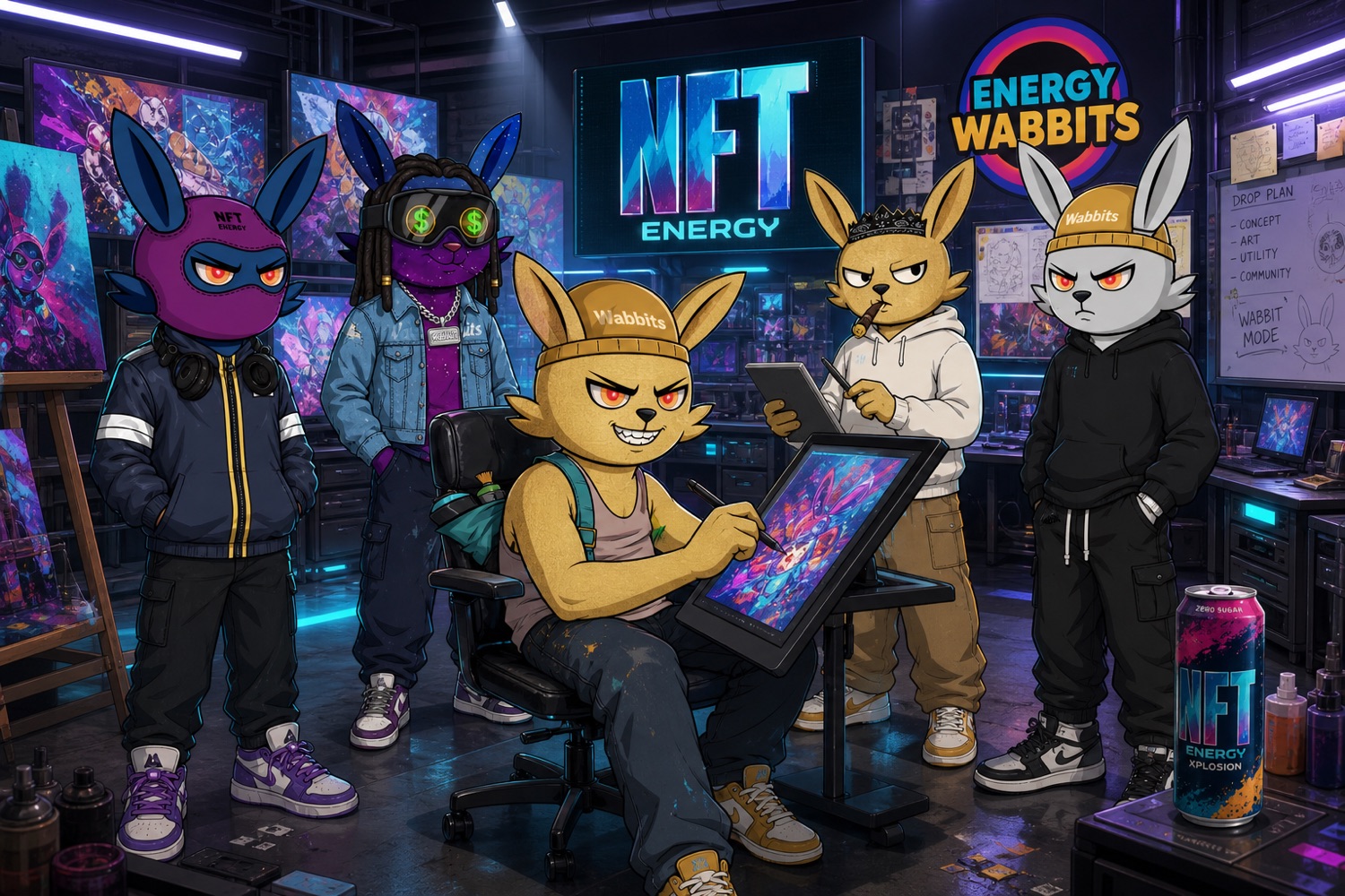 A Wabbit at the center of a digital art studio surrounded by creative work