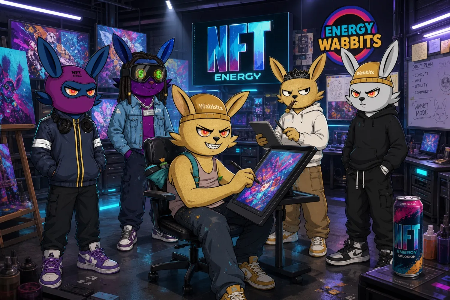 A Wabbit at the center of a digital art studio surrounded by creative work