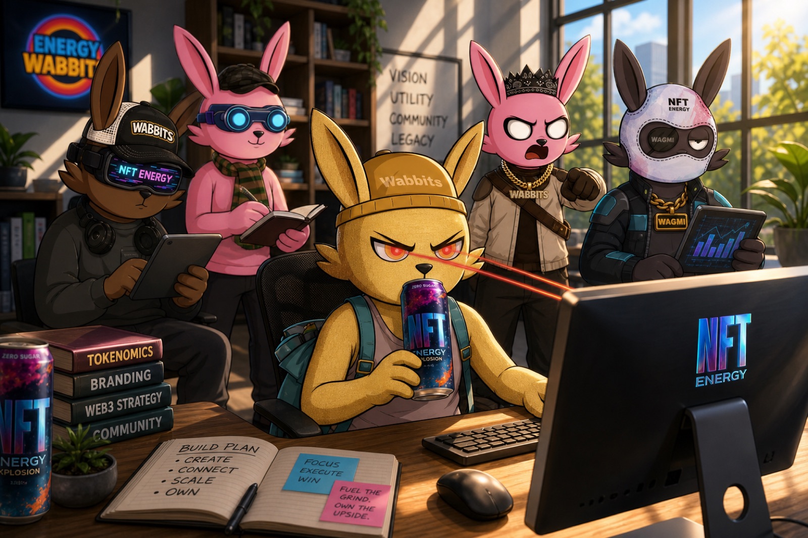 Wabbits from the official collection working in a sunlit office, vision, utility, community, legacy on the whiteboard
